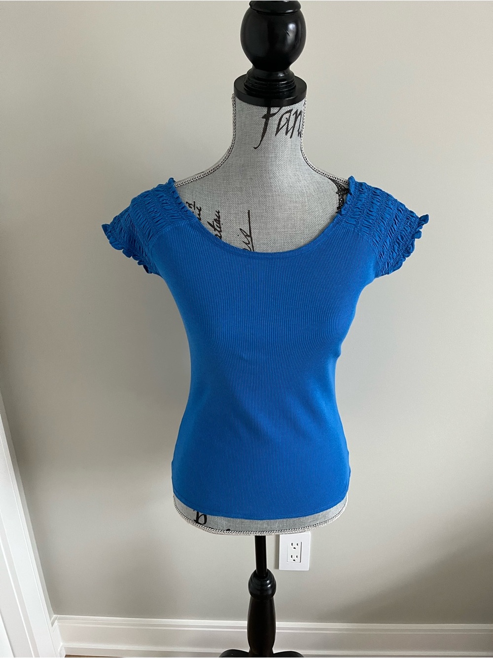Guess Blue Short Sleeve Smocked Shoulder Ribbed Top